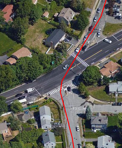 Route created in RidewithGPS; "draw lines" used to round the corner. Lane position is still inaccurate.