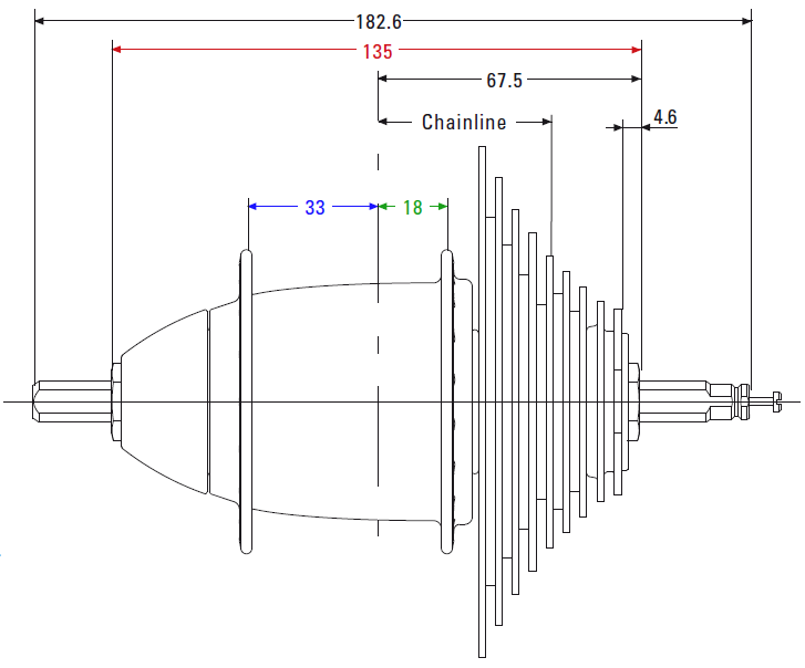 Drawing of DualDrive hub showing flange spacing